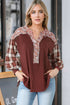 Floral Plaid Mixed Print Bishop Sleeve Patchwork Top
